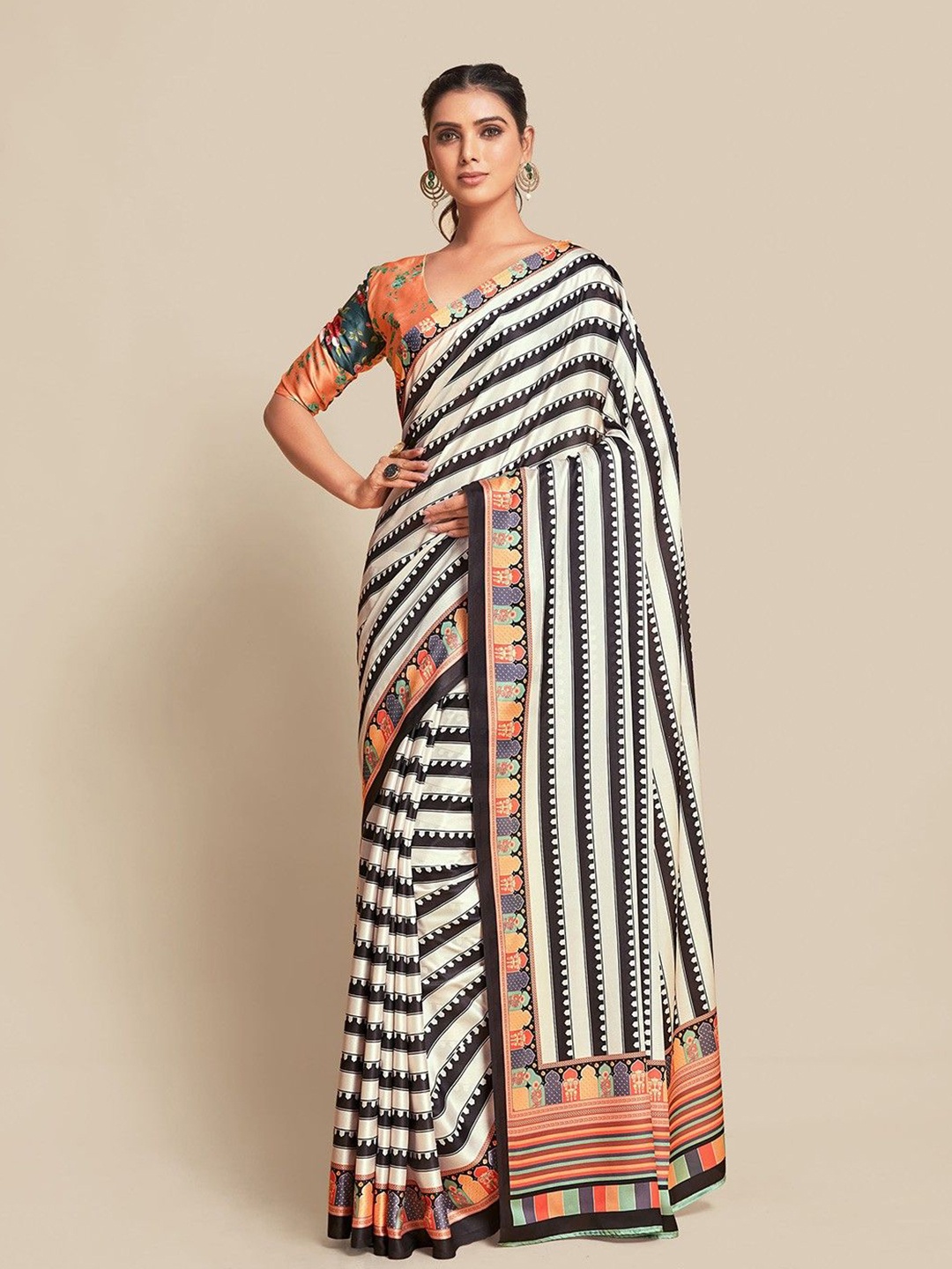 

ROOP SUNDARI SAREES Striped Printed Saree With Blouse Piece, Black