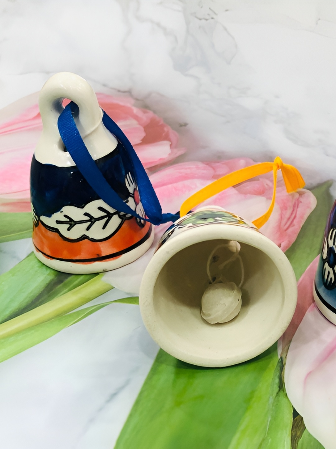 

ShopMeFast 4Pcs Off White & Blue Printed Ceramic Bell Wall Hangings