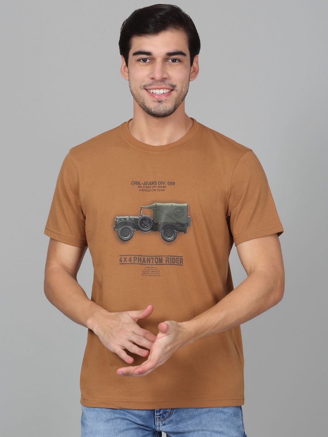 

Cantabil Men Graphic Printed Round Neck Cotton T-shirt, Khaki