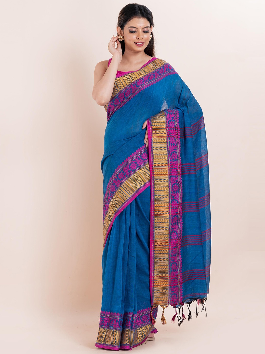 

PUKU Indie Florals Woven Design Pure Cotton Saree, Blue