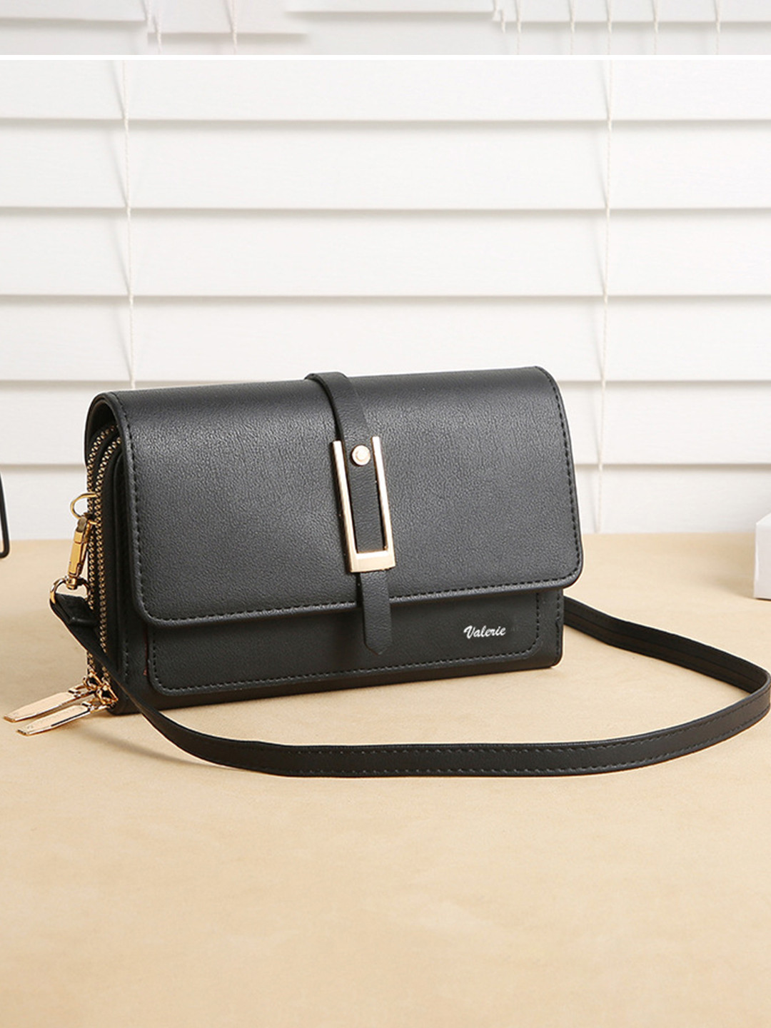 

VALERIE Solid PU Structured Sling Bag, Black