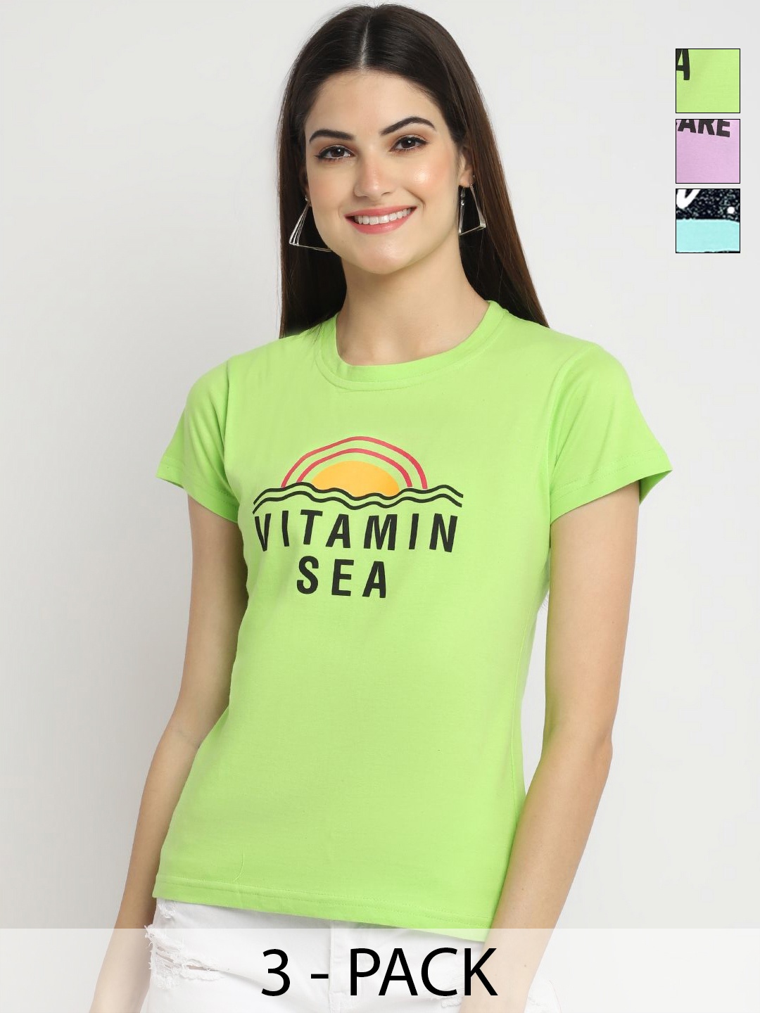 

Dreambe Women Pack of 3 Graphic Printed Round Neck Cotton T-shirts, Green