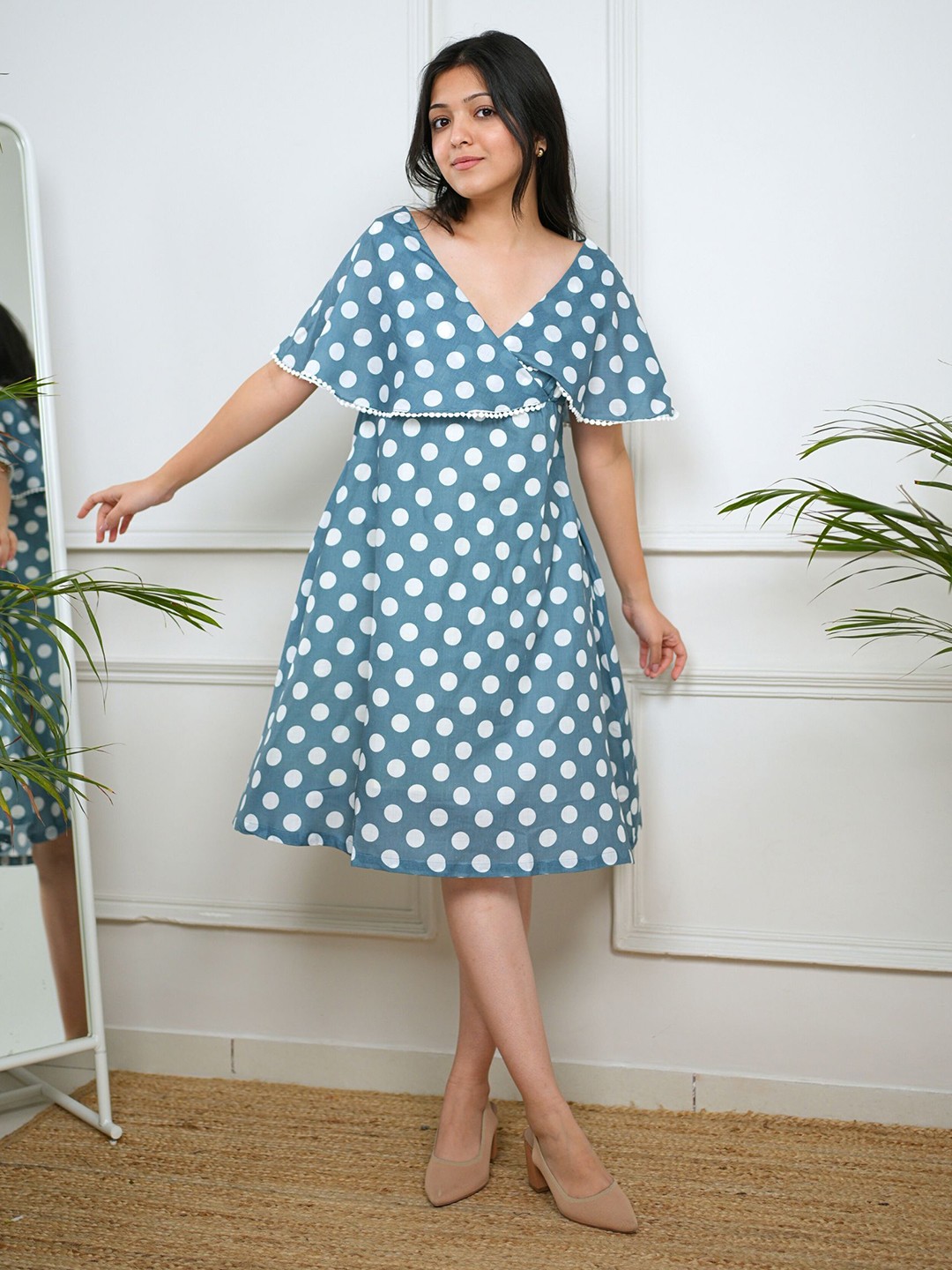 

Shreetatvam Women Polka Dot Print Flared Sleeve Wrap Dress, Blue