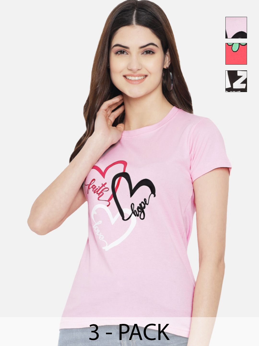 

Dreambe Women Pack of 3 Typography Printed Round Neck Cotton T-shirts, Pink