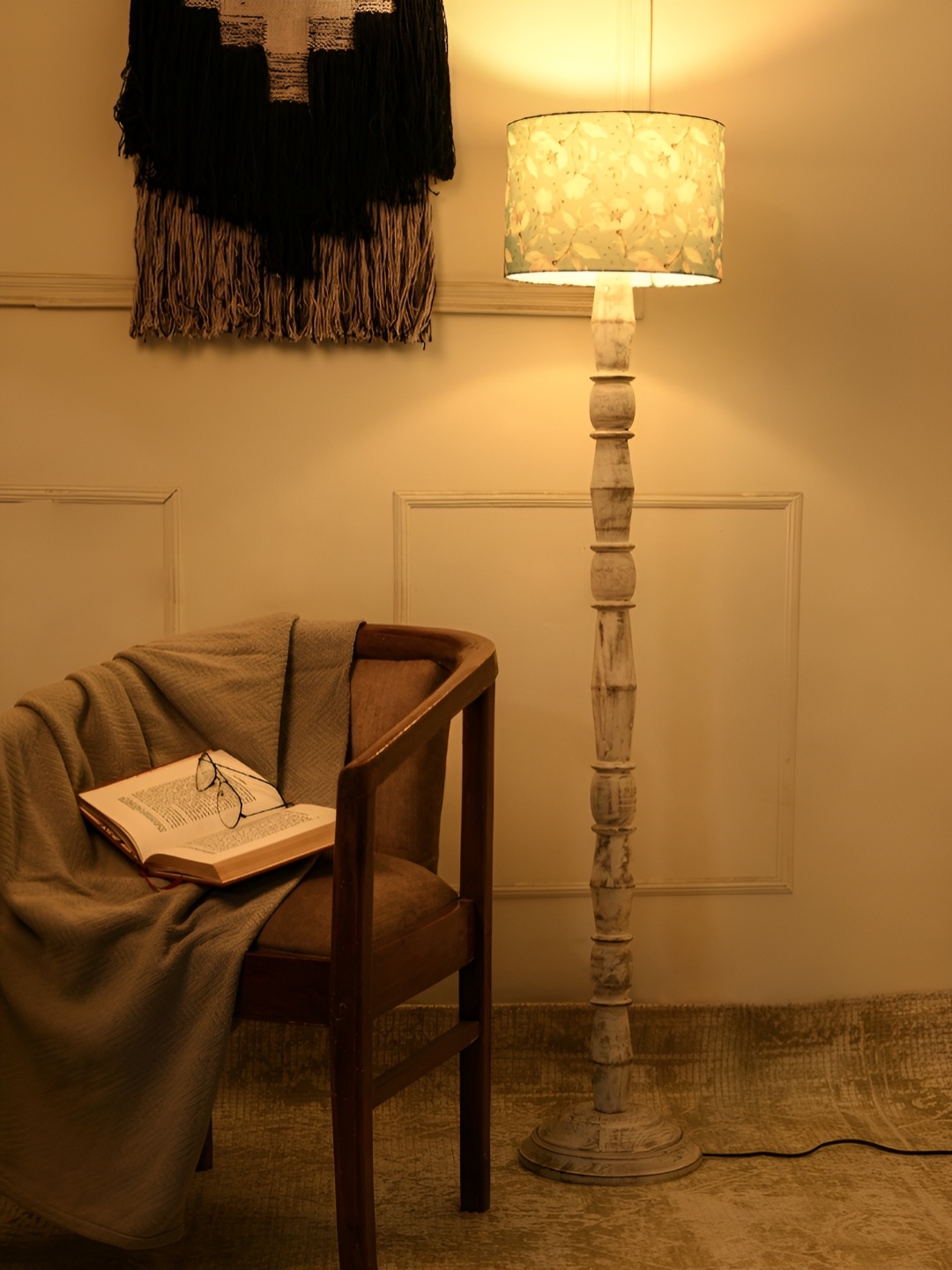 

green girgit White & Blue Printed Wooden Jute Cylinder Shaped Floor Lamp