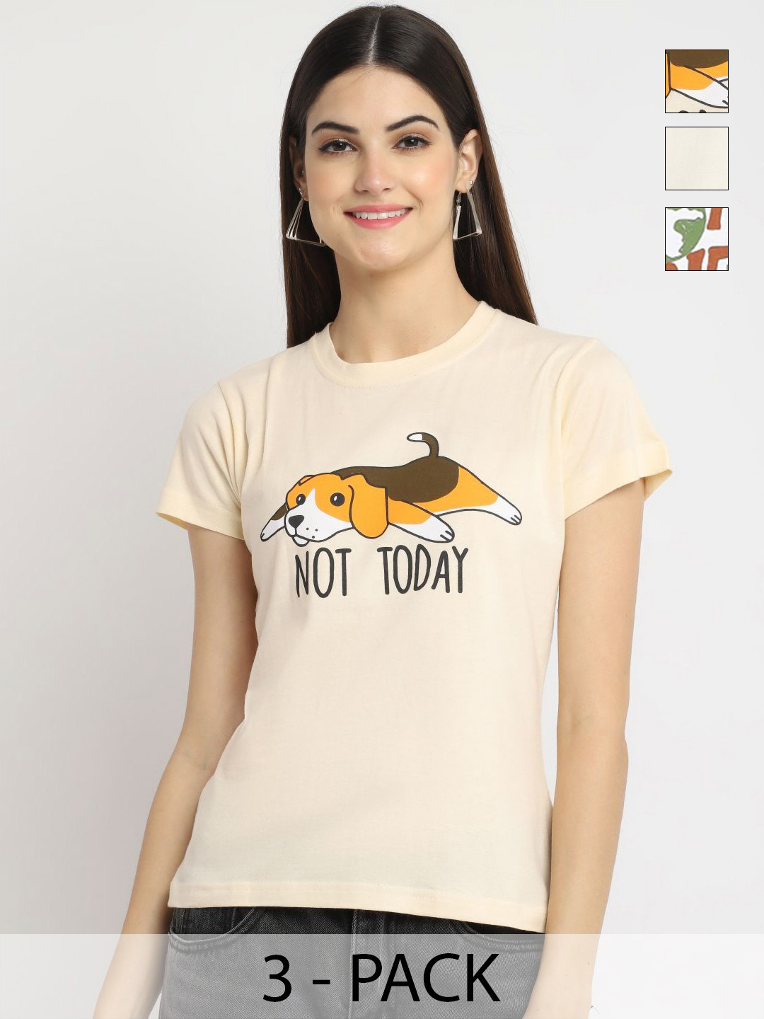 

Dreambe Women Pack of 3 Graphic Printed Round Neck Cotton T-shirts, Cream