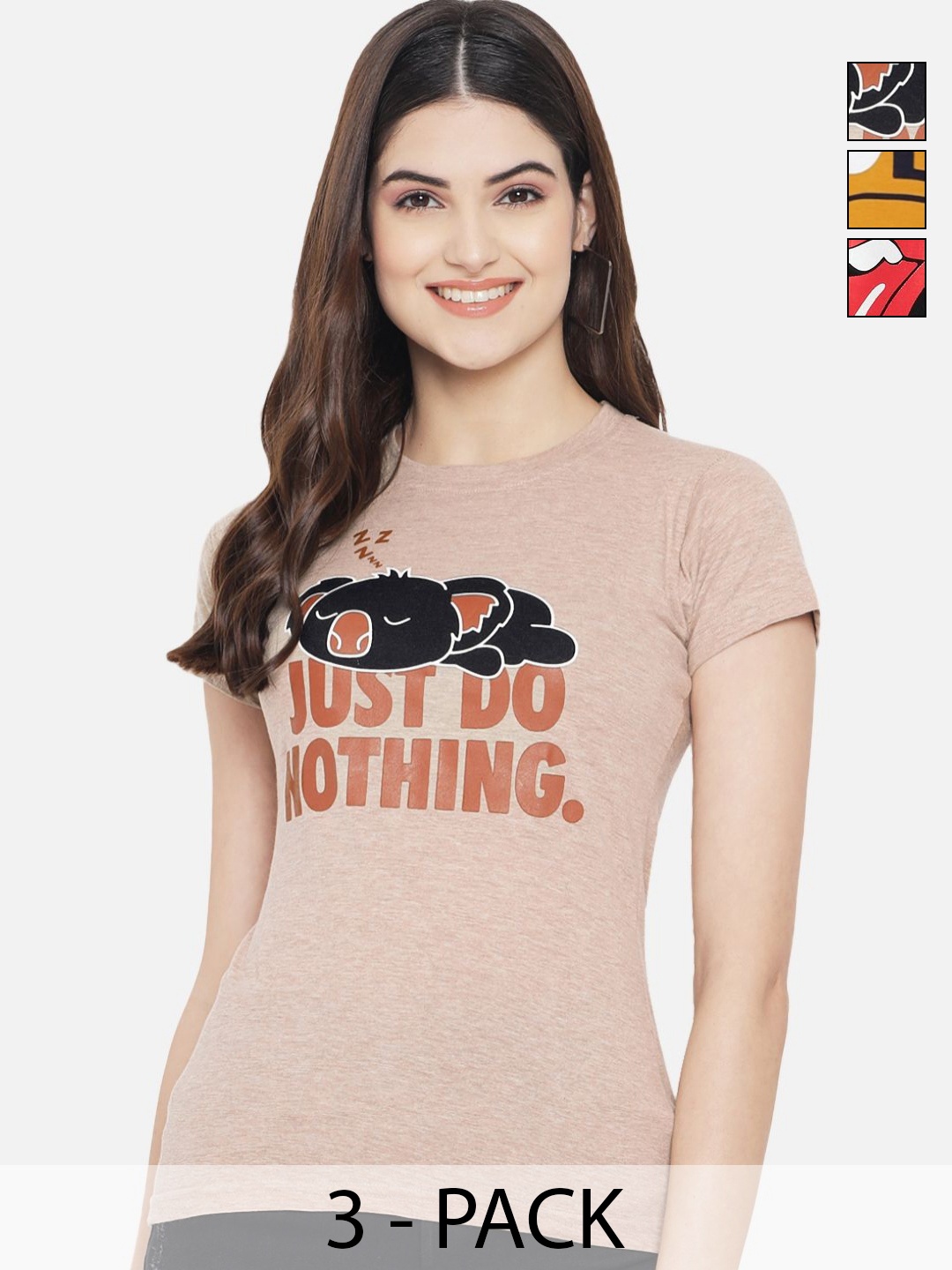 

Dreambe Women Pack of 3 Graphic Printed Round Neck Cotton T-shirts, Beige
