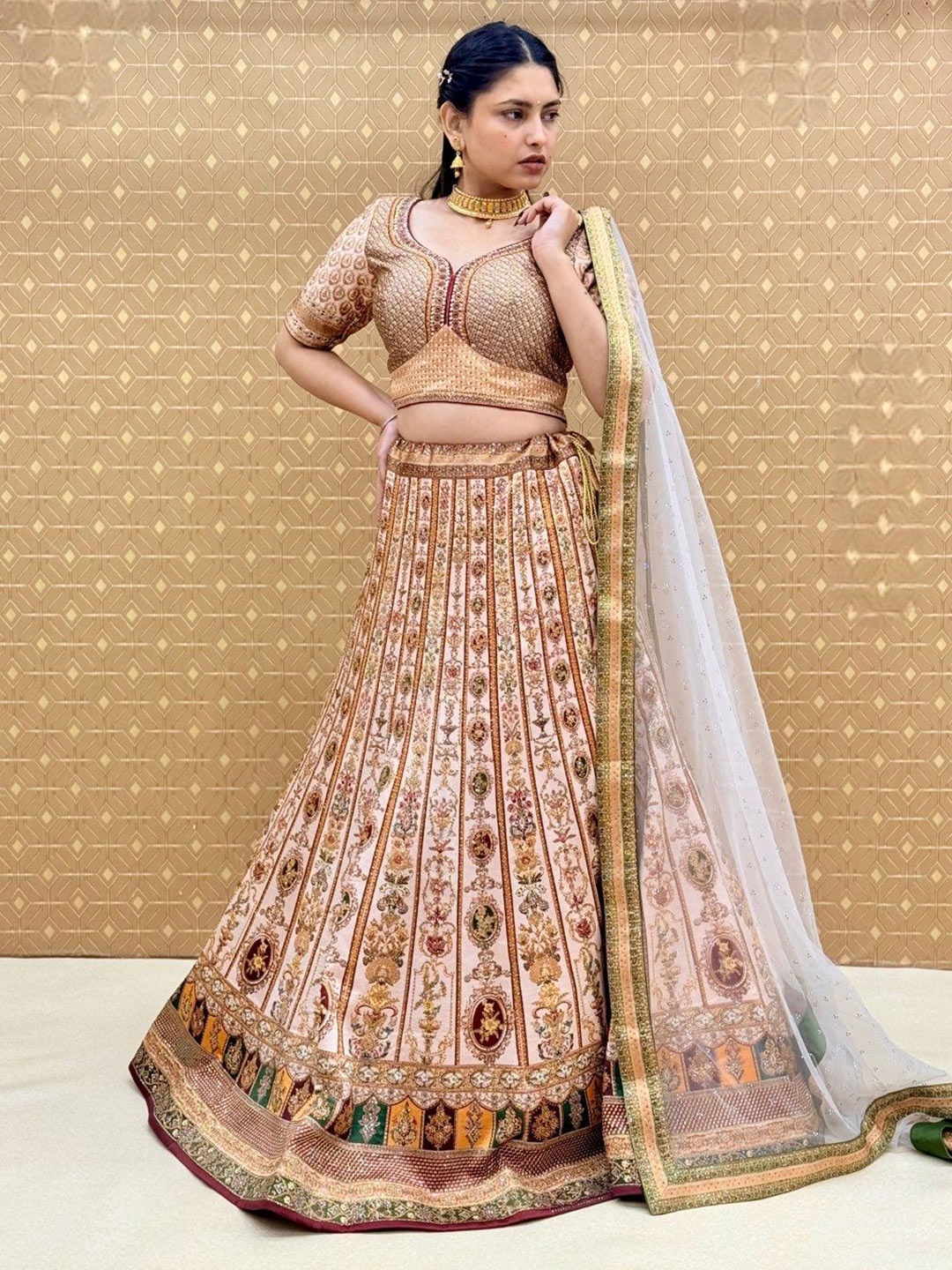 

KUNDAN FAB Printed Beads and Stones Semi-Stitched Lehenga & Unstitched Blouse With Dupatta, Cream