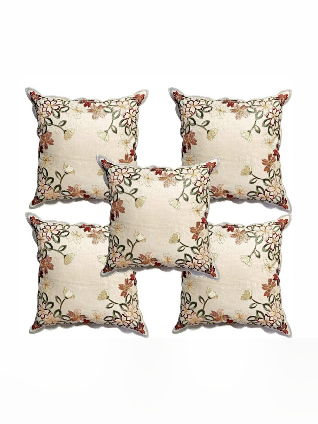 

MONKDECOR Maroon & Cream-Coloured Set of 5 Floral Embroidered Square Cushion Covers