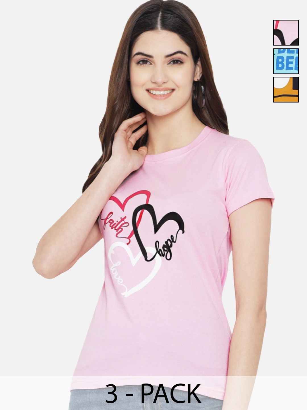 

Dreambe Pack Of 3 Typographic Printed Round Neck T-shirt, Pink