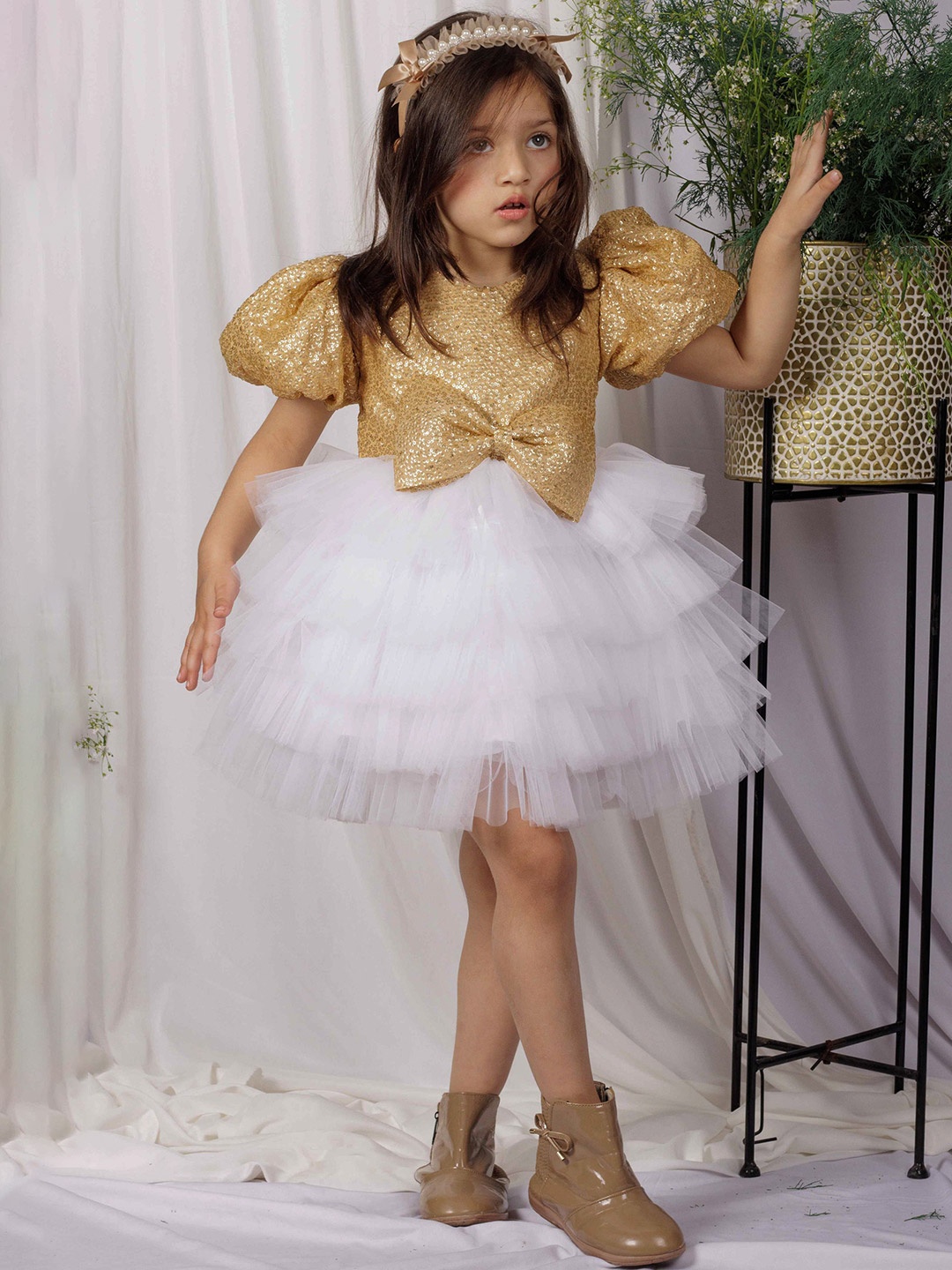 

Foreverkidz Girl Ivory Elegance Ruffles Frock, Gold