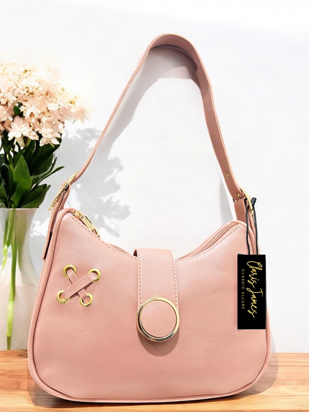 

CLARIS JAMES Geometric PU Half Moon Sling Bag, Peach