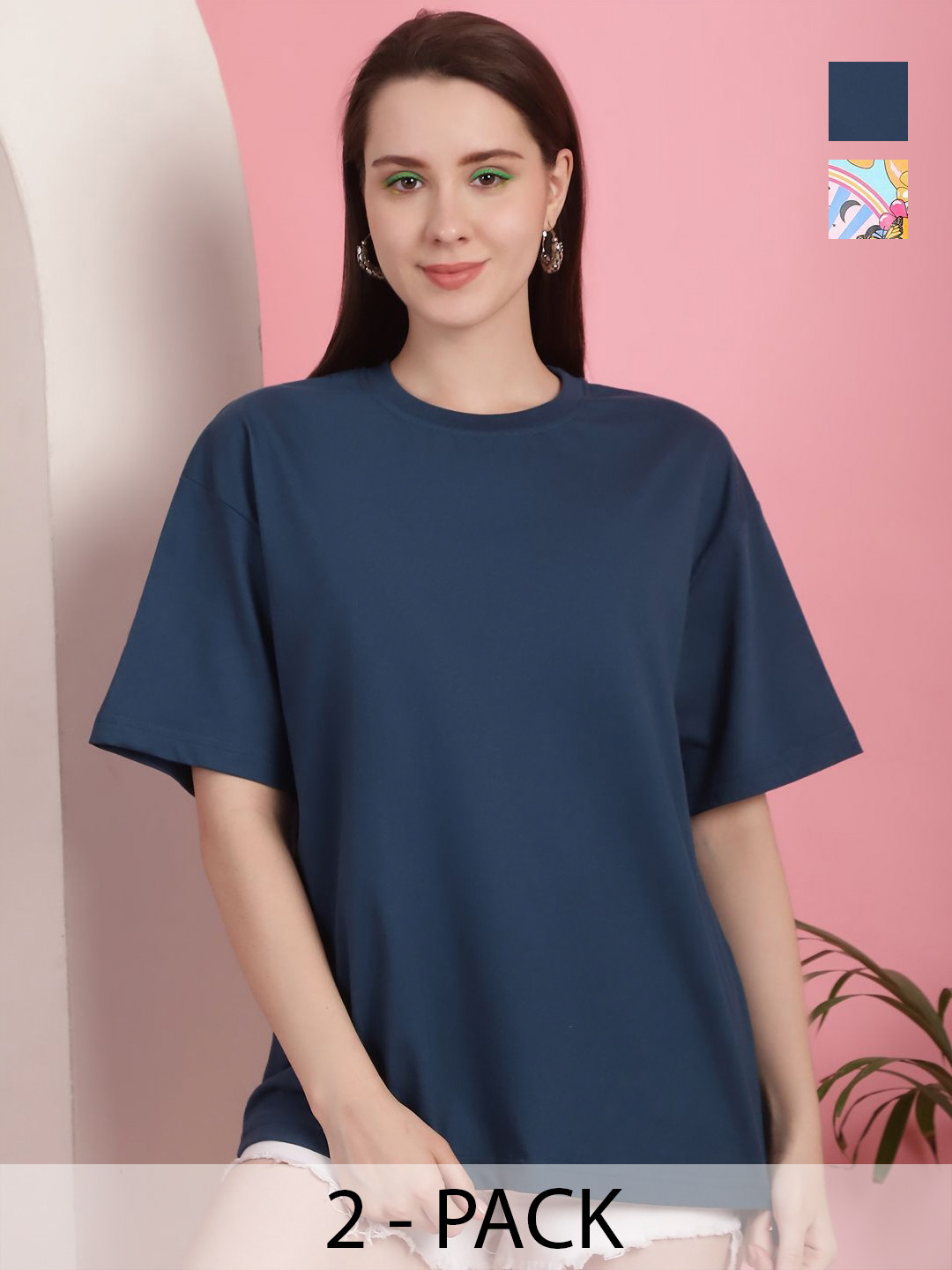 

GLOBAL NOMAD Women Pack of 2 Graphic Printed Round Neck Cotton Oversized T-shirts, Teal