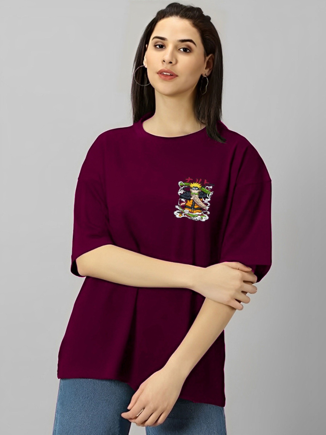 

LECOWAR Women Naruto Graphic Printed Round Neck Cotton Oversized T-shirt, Burgundy