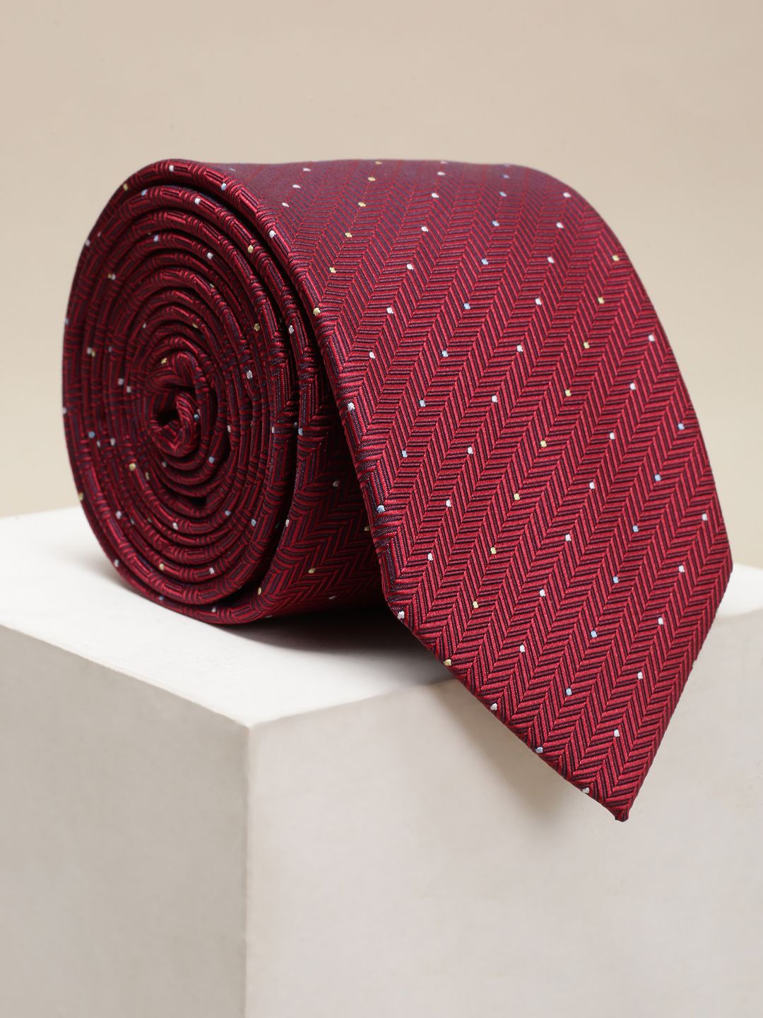 

Louis Philippe Men Striped Ascot Tie, Maroon