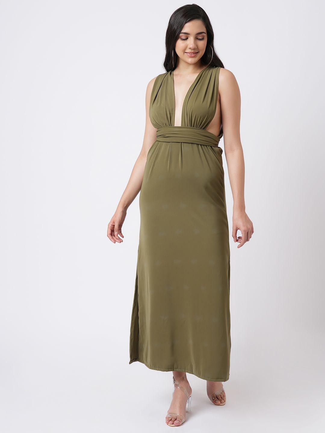 

15 BUTTONS Women Crepe Maxi Slit Dress, Olive