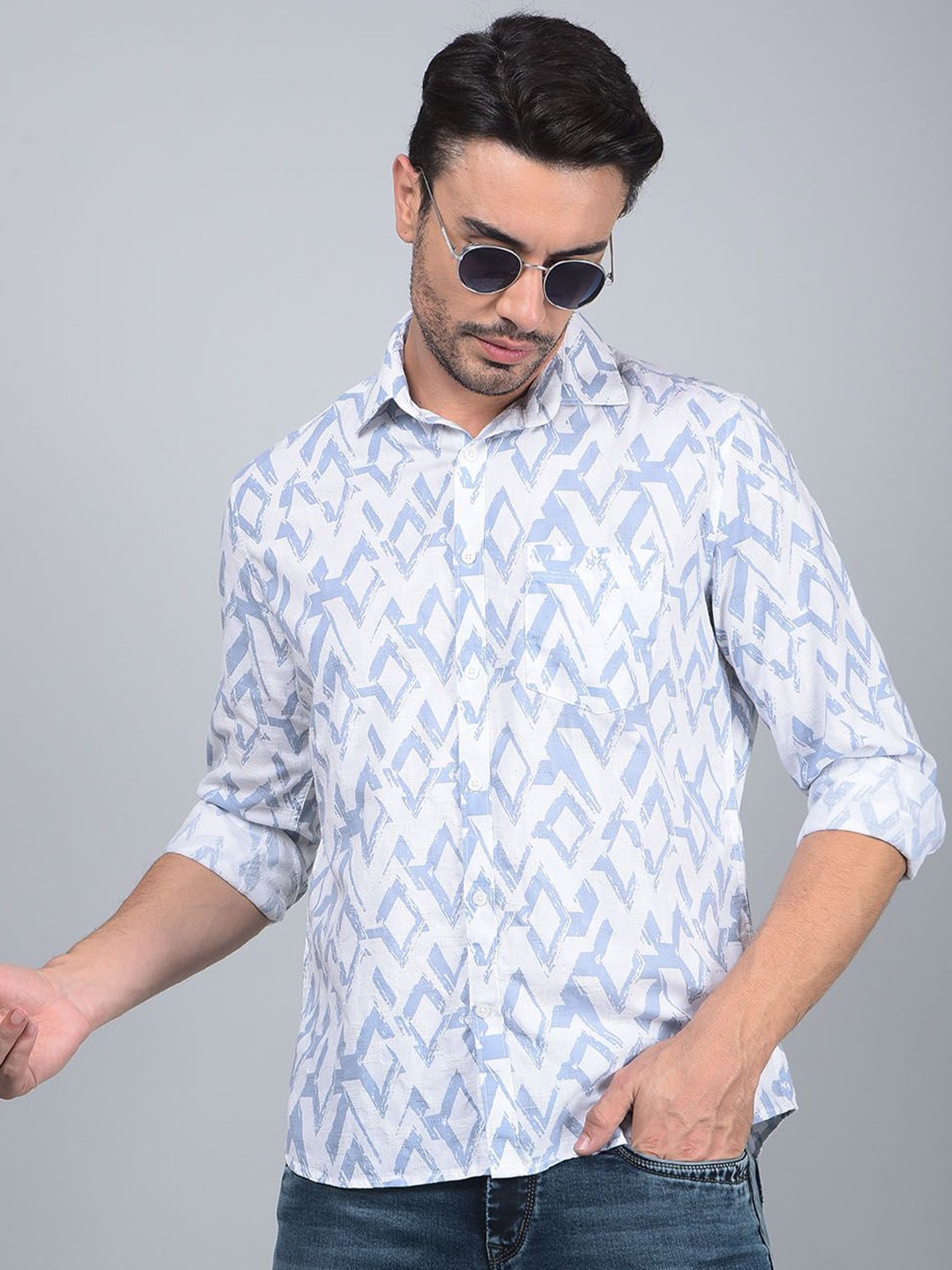 

Crimsoune Club Men Classic Slim Fit Geometric Printed Cotton Casual Shirt, White