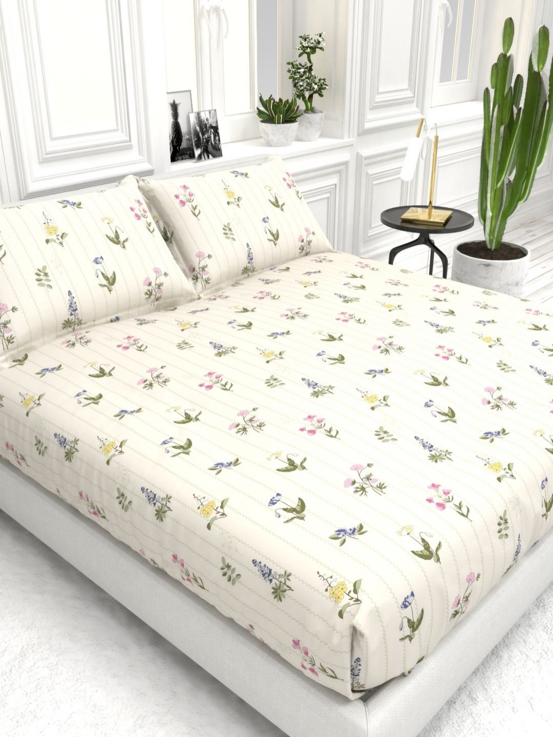 

THE WHITE MOSS Cream & Green Floral Printed 210 TC Queen Bedsheet Set- 2.25 m x 2.55 m