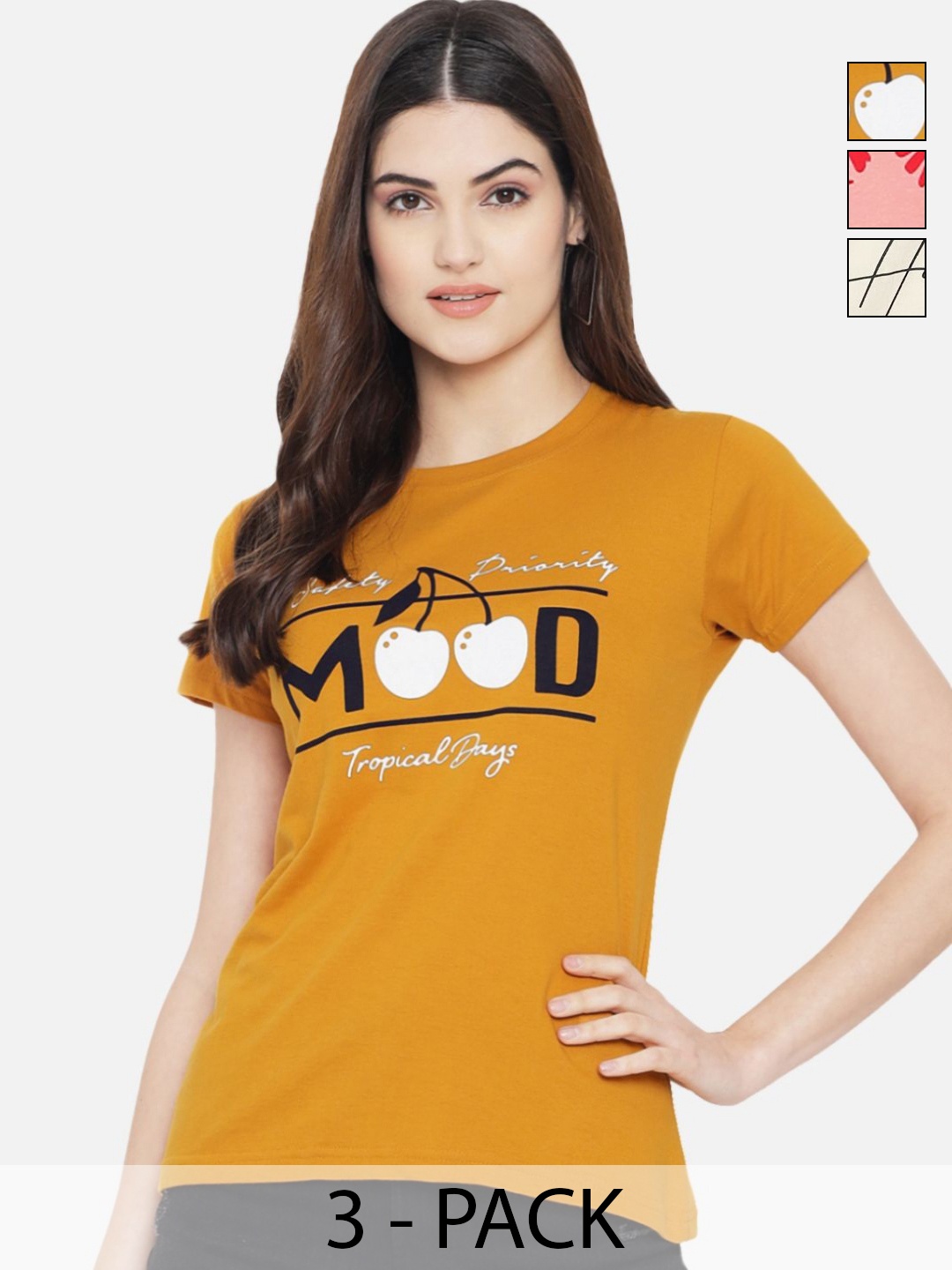 

Dreambe Pack Of 3 Typography Printed Round Neck Cotton T-shirts, Yellow