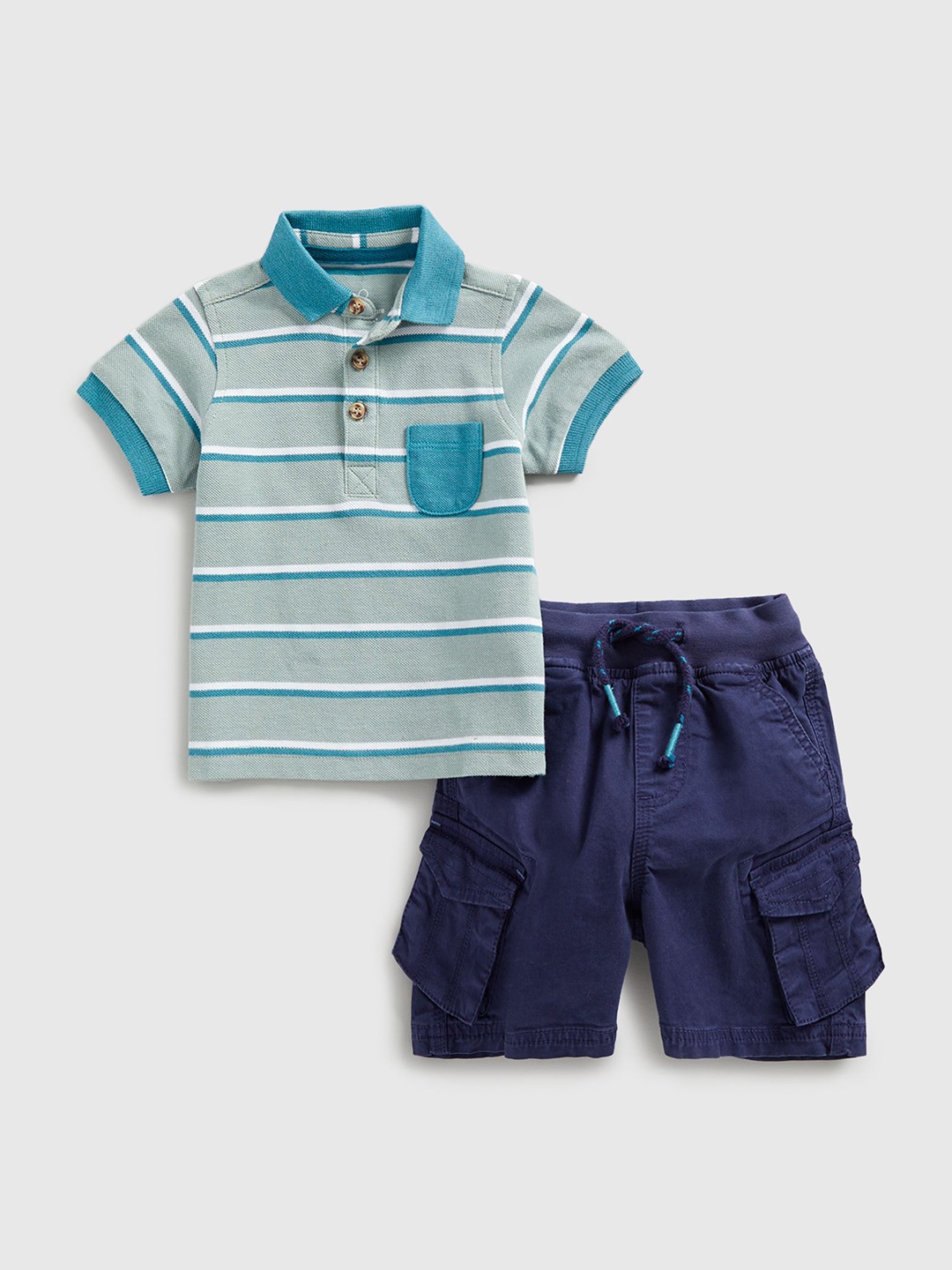 

mothercare Boys Striped Half Sleeves Pure Cotton T-Shirt With Shorts Set, Navy blue