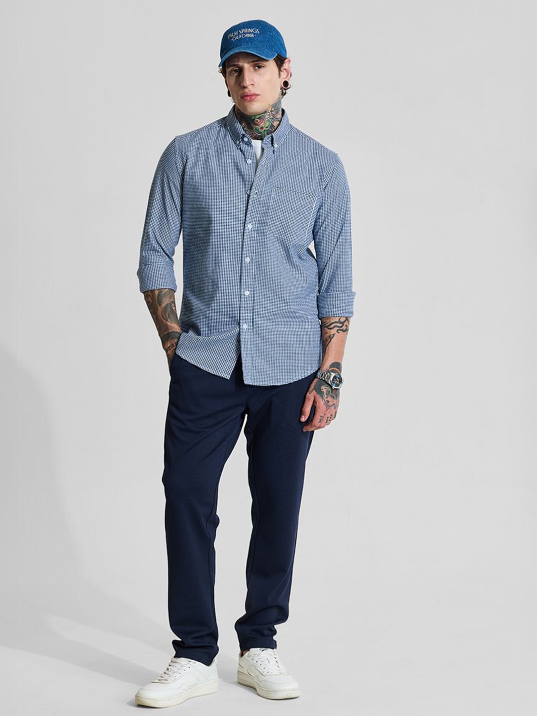 

Snitch Men Slim Fit Button-Down Collar Micro Checked Cotton Casual Shirt, Blue