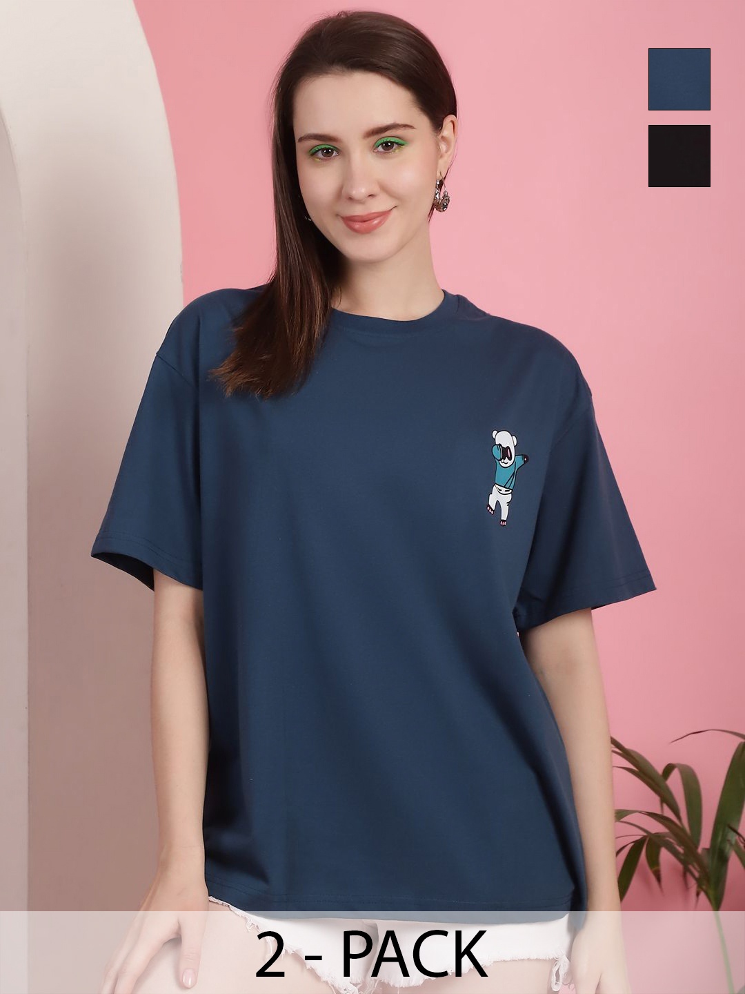 

GLOBAL NOMAD Women Pack Of 2 Graphic Printed Round Neck Cotton Oversized T-shirts, Teal