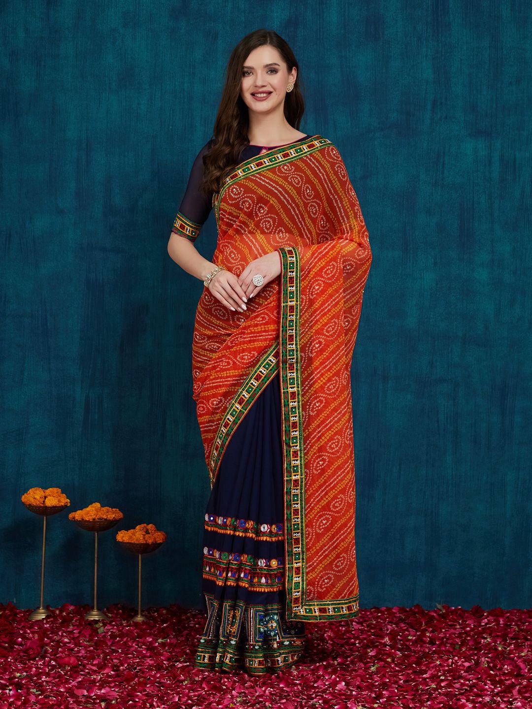 

RAJGRANTH Bandhani Embroidered Georgette Half and Half Saree With Unstitched Blouse Piece, Navy blue