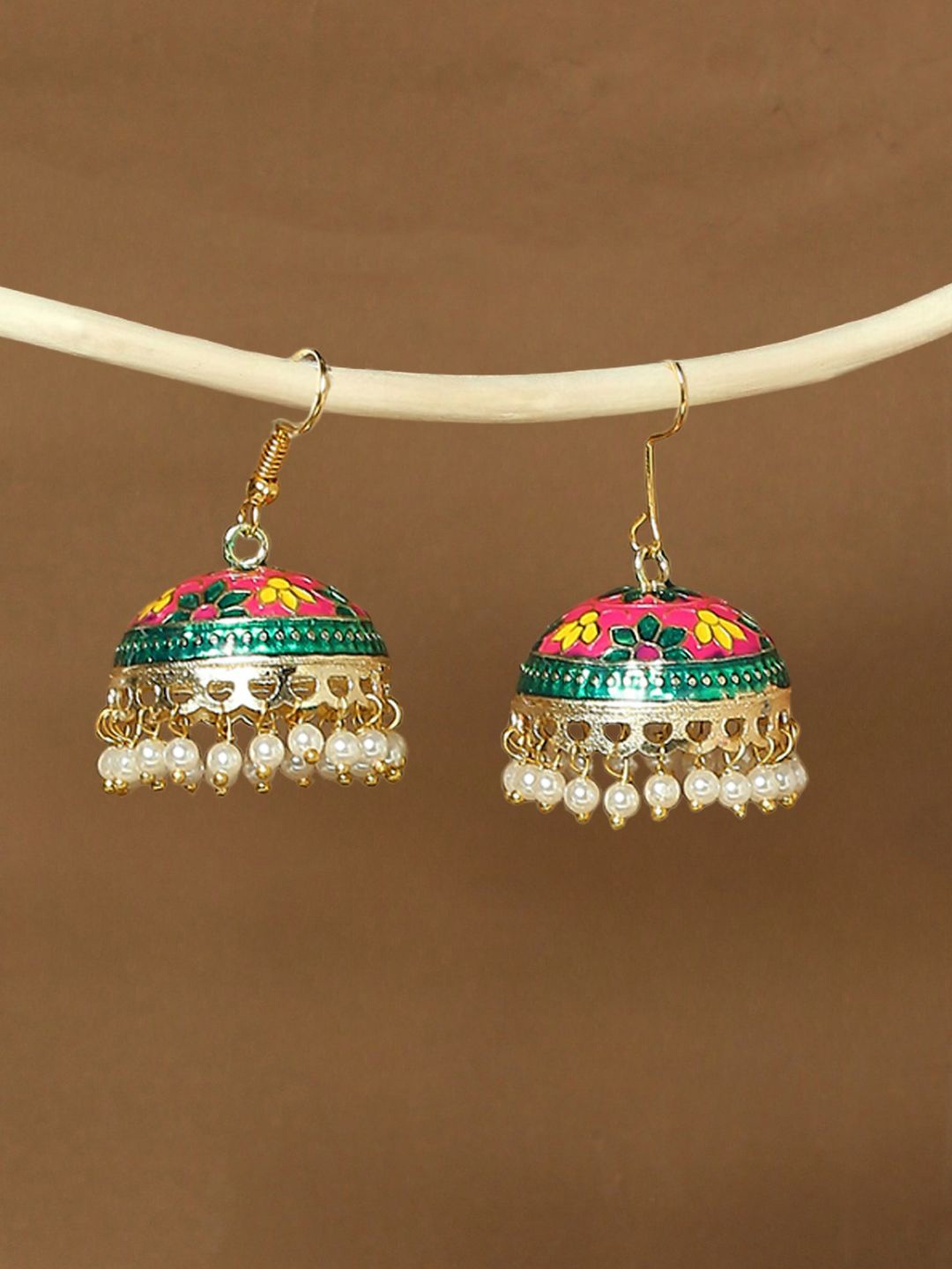 

Anouk Artificial Beaded Dome Shaped Meenakari Jhumkas, Pink