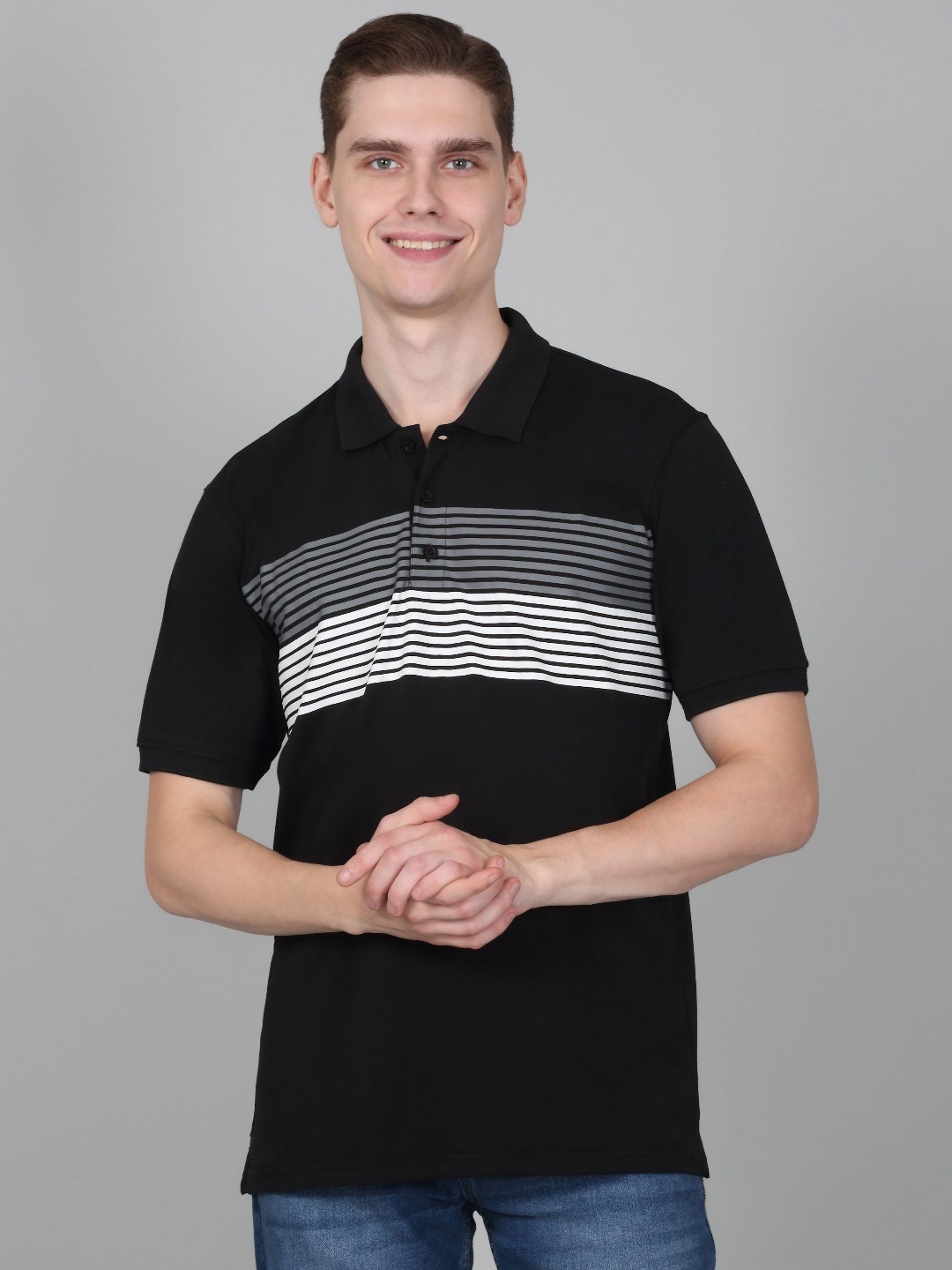 

Cantabil Men Striped Polo Collar Cotton T-shirt, Black
