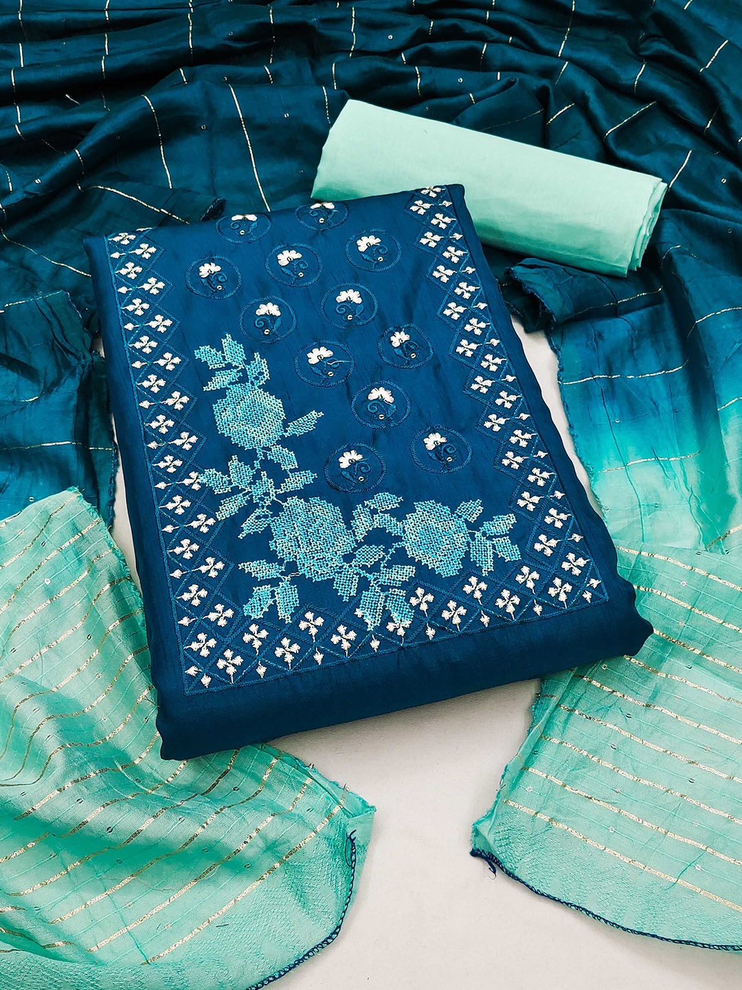 

SHADOW & SAINING Floral Embroidered Sequinned Pure Silk Unstitched Dress Material, Blue