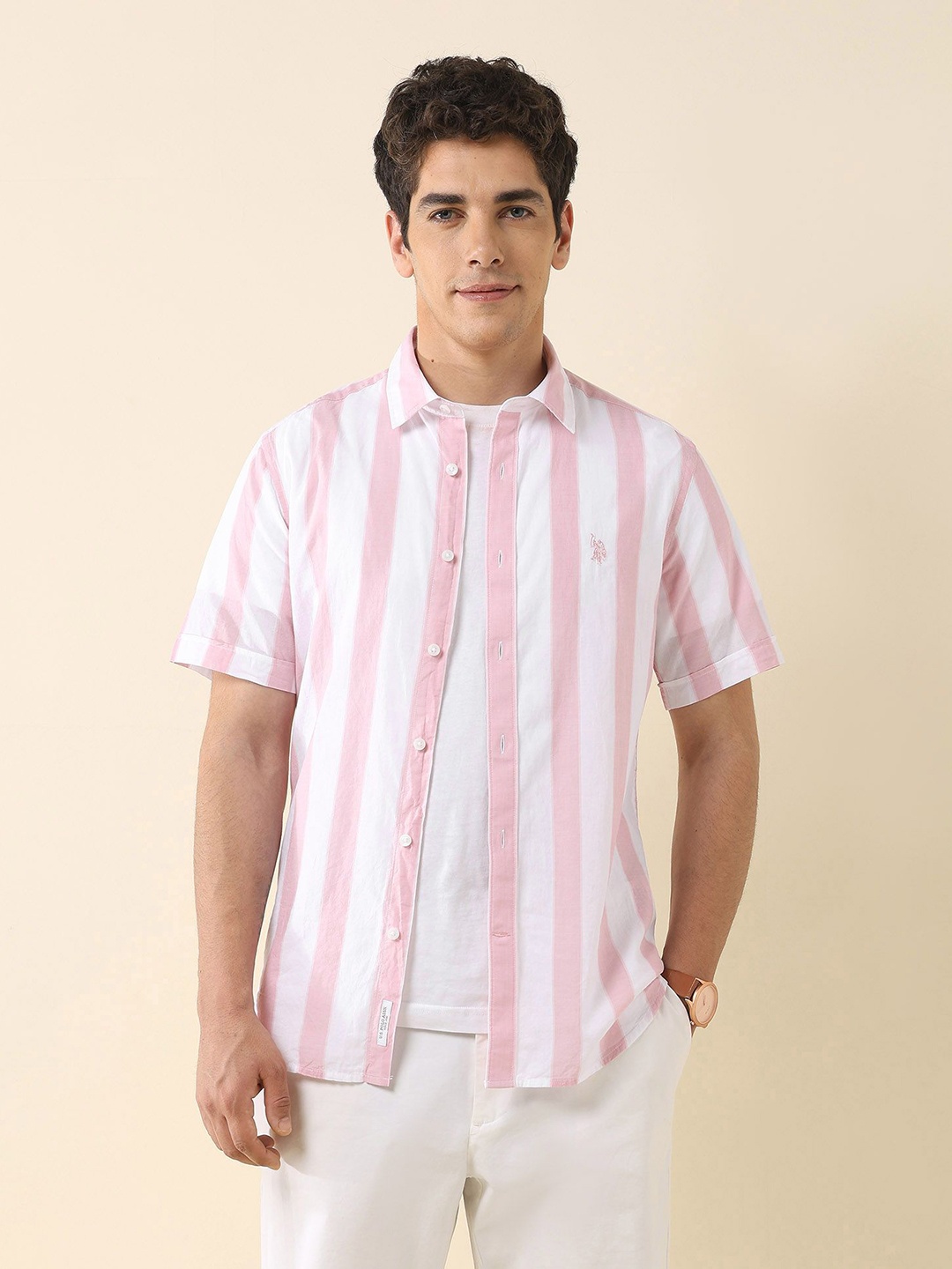 

U.S. Polo Assn. Men Classic Tailored Fit Vertical Striped Cotton Casual Shirt, Pink
