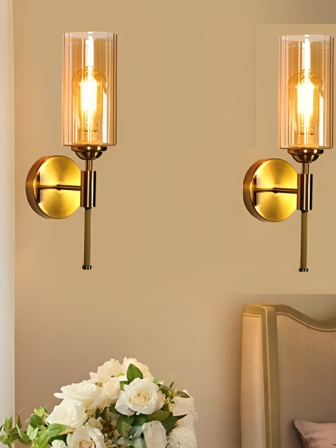 

KINIS Gold-Toned & Brown 2 Pieces Metal Cylinder Shaped Wall Lamps