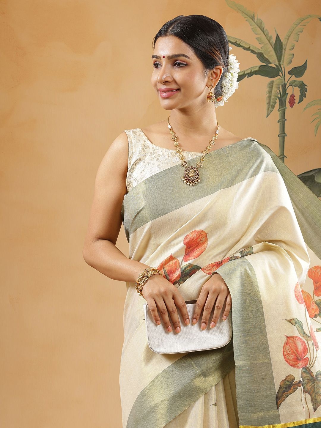 

Kalyan Silks Floral Printed Zari Kasavu Saree, Gold