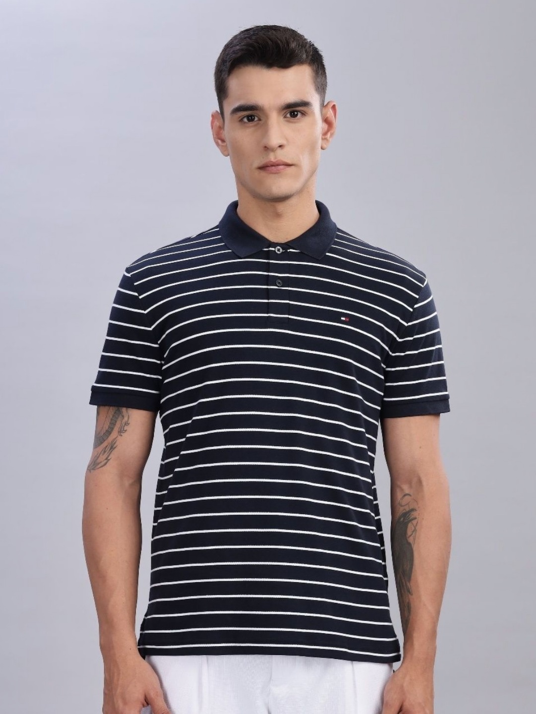 

Tommy Hilfiger Men Striped Polo Collar Cotton Regular Fit T-shirt, Navy blue