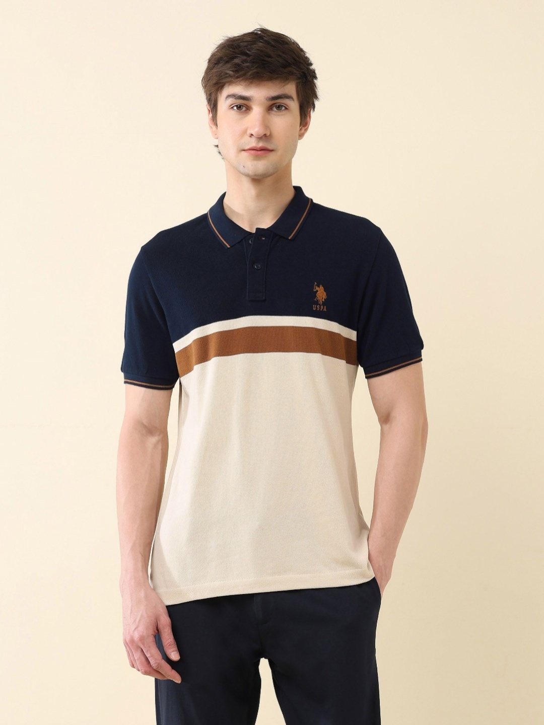 

U.S. Polo Assn. Men Colourblocked Polo Collar Cotton Slim Fit T-shirt, Off white