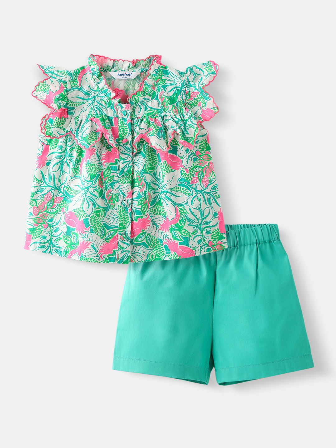 

Nauti Nati Girls Floral Printed Short Sleeves Pure Cotton Top With Shorts, Green