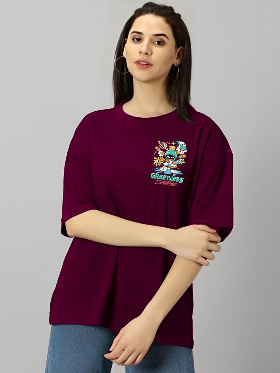 

LECOWAR Women Graphic Printed Round Neck Cotton Oversized T-shirt, Maroon