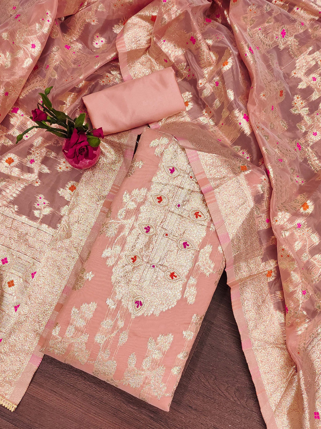

SHADOW & SAINING Ethnic Motifs Banarasi Jacquard Woven Design Unstitched Dress Material, Peach