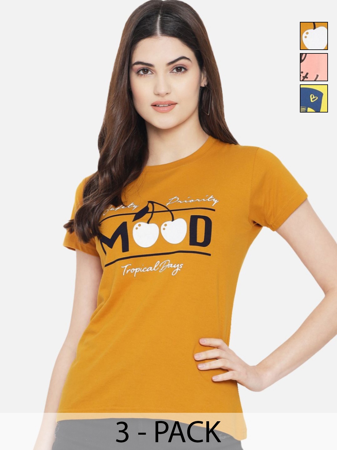 

Dreambe Women Pack of 3 Graphic Printed Round Neck Cotton T-shirts, Mustard