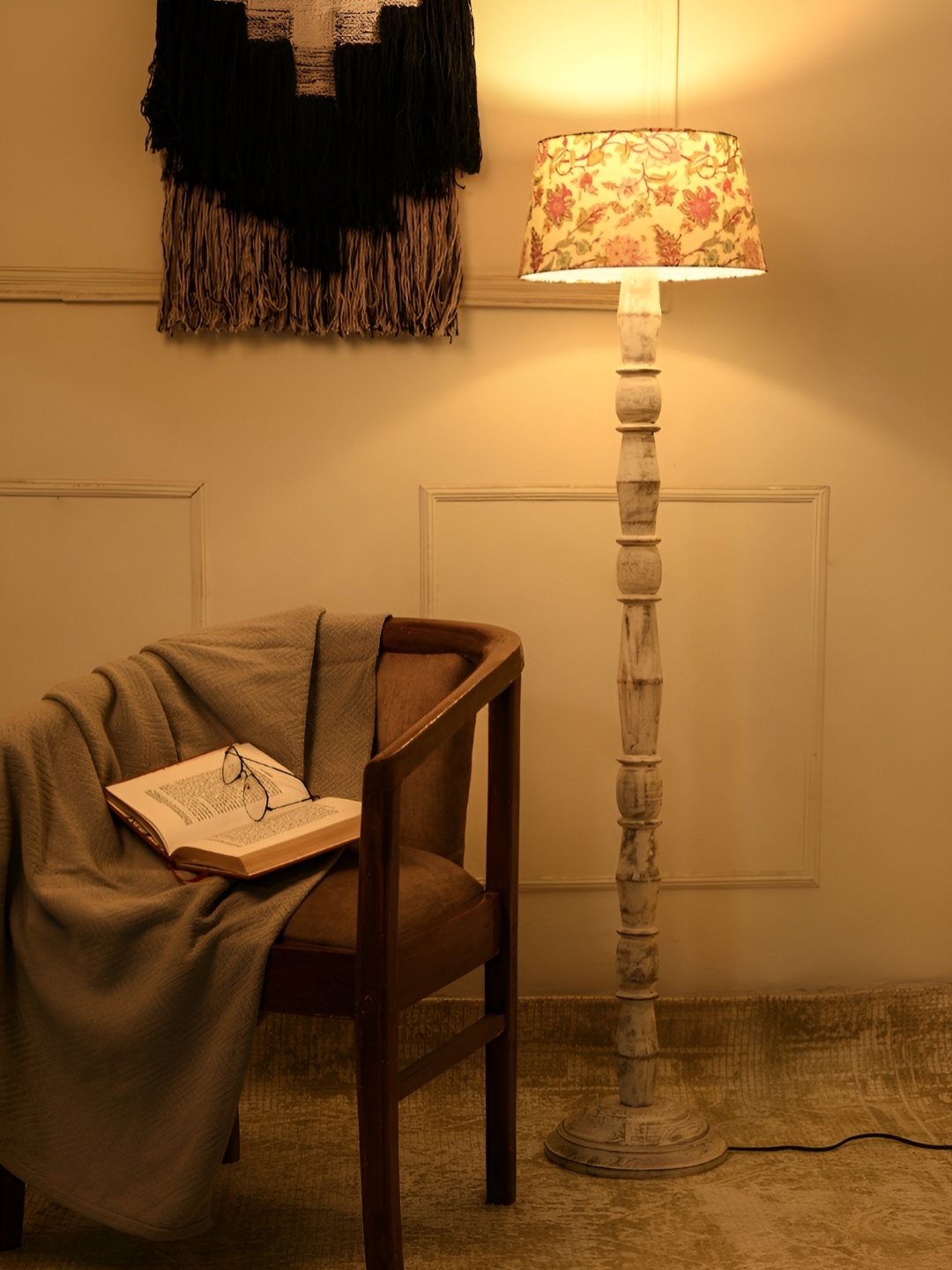 

green girgit White & Pink Printed Wooden Frustum Shaped Floor Lamp