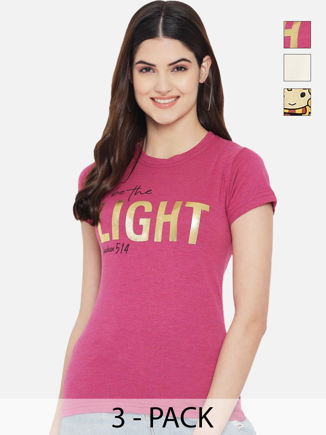 

Dreambe Women Pack of 3 Typography Printed Round Neck Cotton T-shirts, Pink