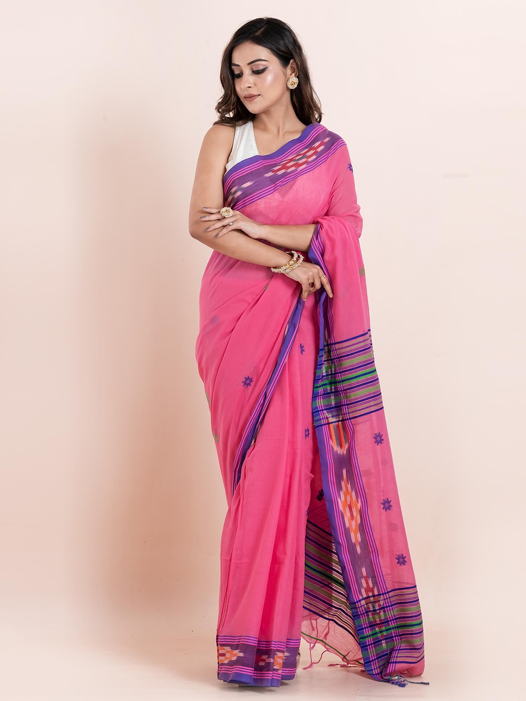 

PUKU Geometric Printed Pure Cotton Saree With Unstitched Blouse Piece, Pink