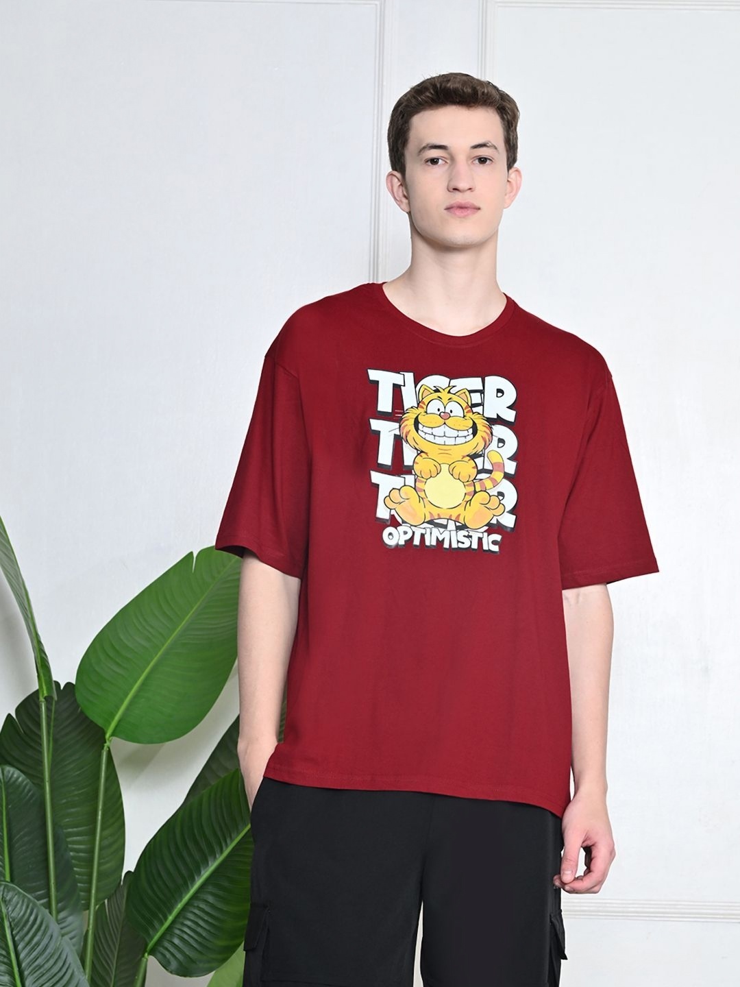 

FITINC Men Bio Finish Graphic Printed Oversized Cotton T-shirt, Maroon