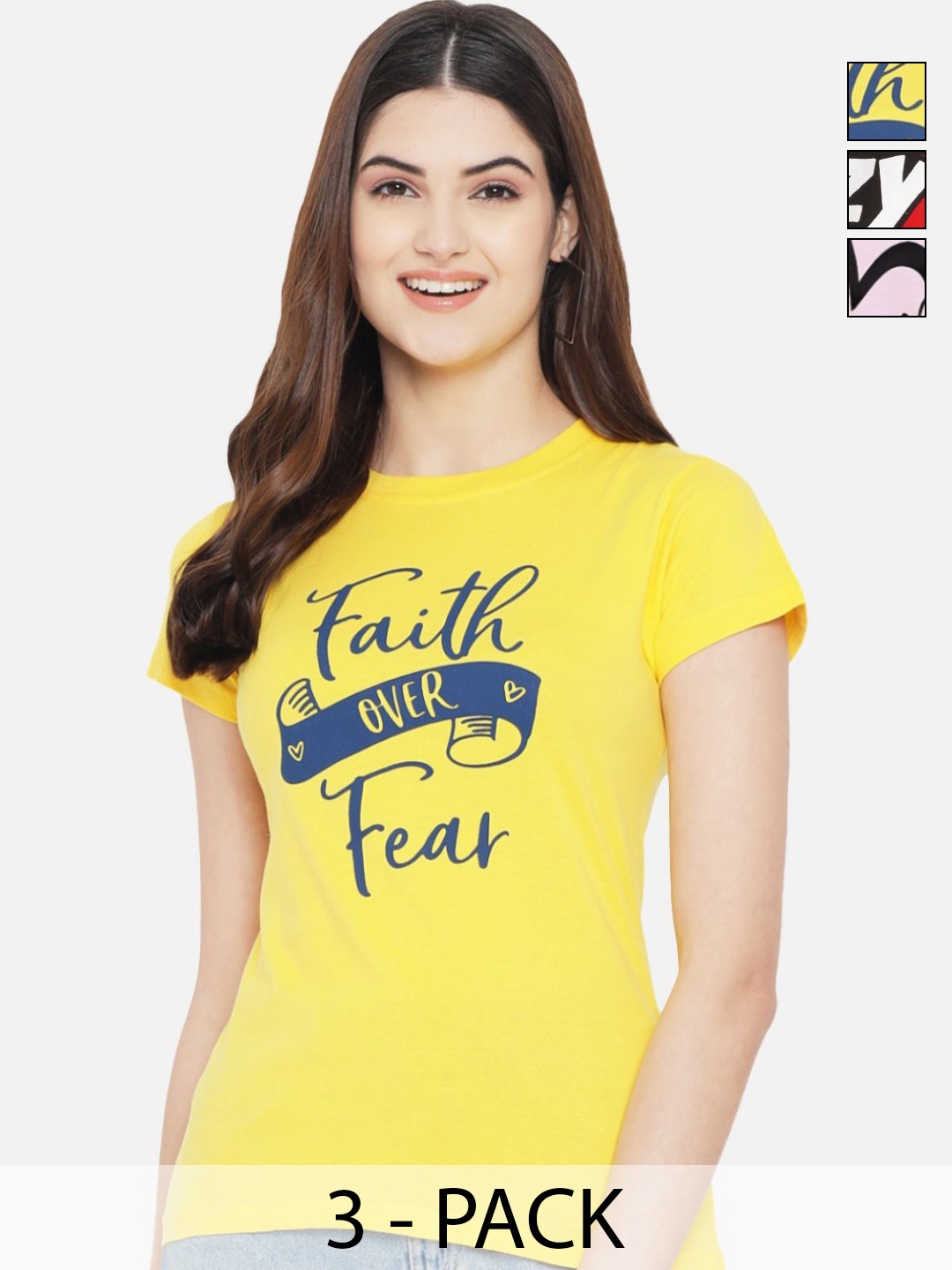 

Dreambe Pack of 3 Typography Printed Cotton Round Neck T-shirts, Yellow