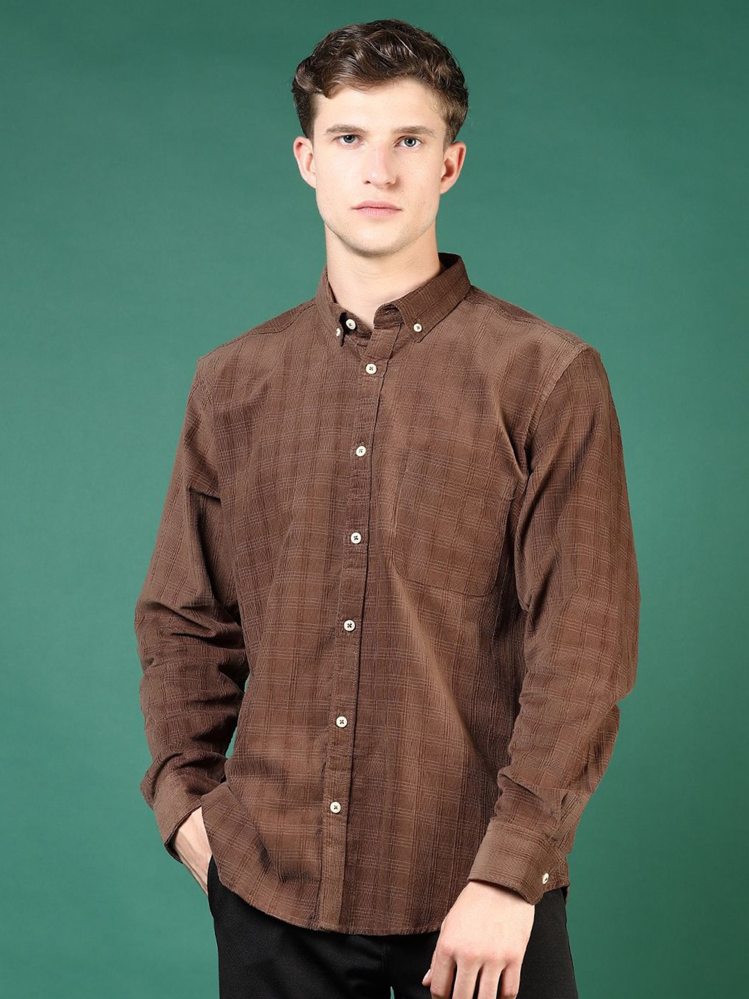 

V-Mart Men Spread Collar Solid Cotton Casual Shirt, Brown