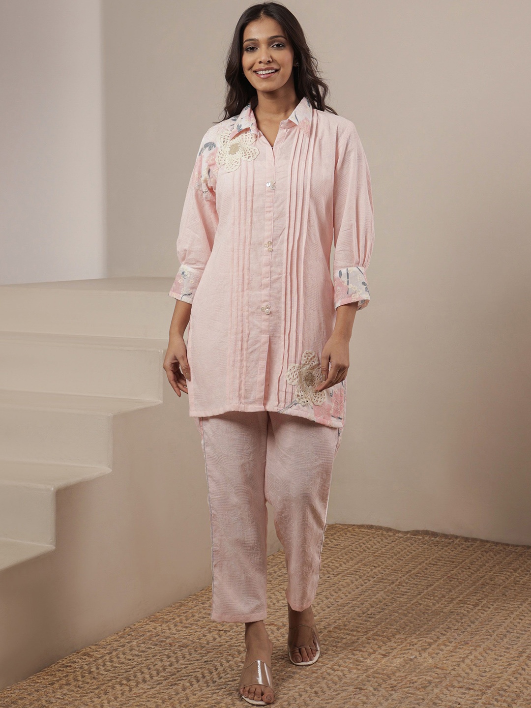 

SRIHA Self Designed Shirt Collar Neck Top With Trousers, Pink
