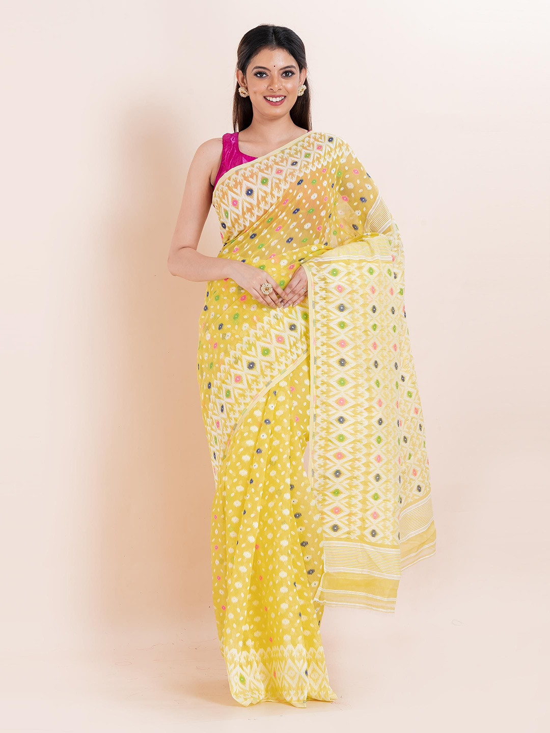 

PUKU Woven Design Jamdani Saree, Yellow