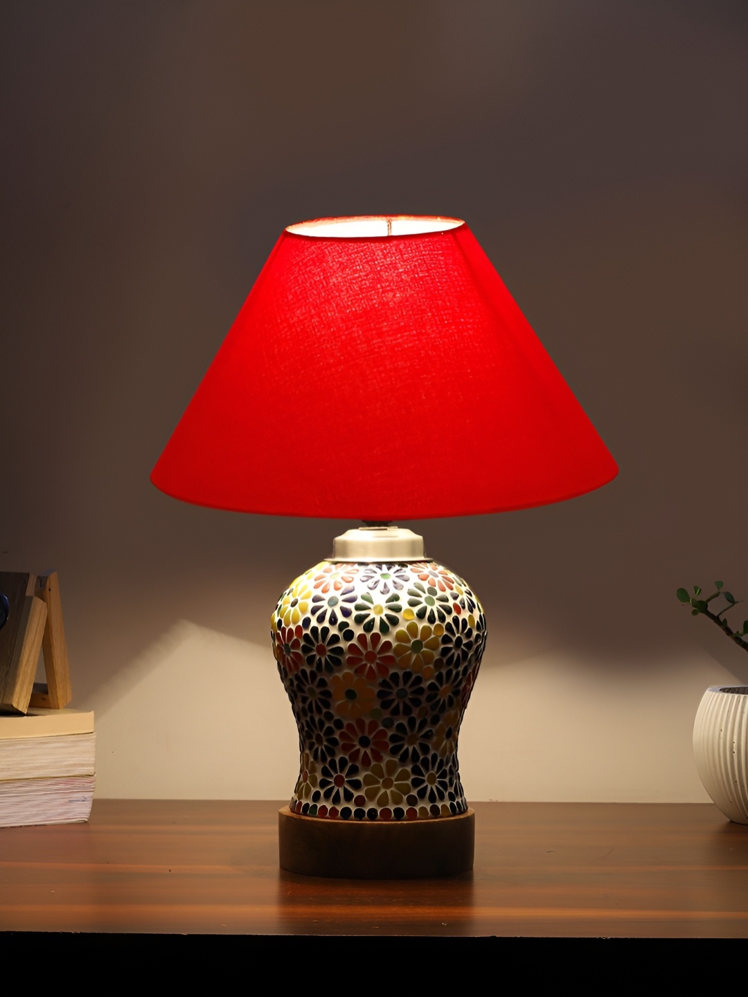 

Devansh Red Textured Frustum Shaped Wooden Table Lamp