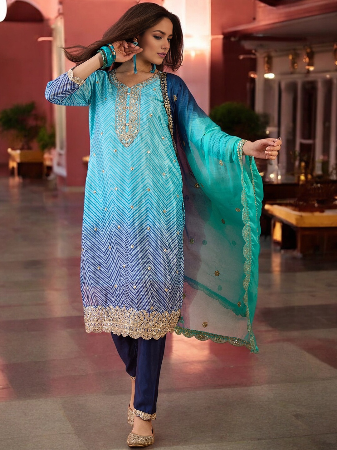 

KALINI Bandhani Printed Sequinned Straight Kurta With Trousers & Dupatta, Blue