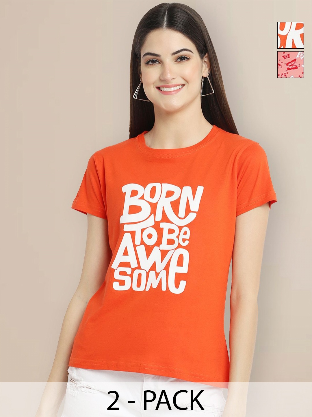 

GLOBAL NOMAD Women Pack of 2 Typography Printed Round Neck Cotton T-shirts, Orange